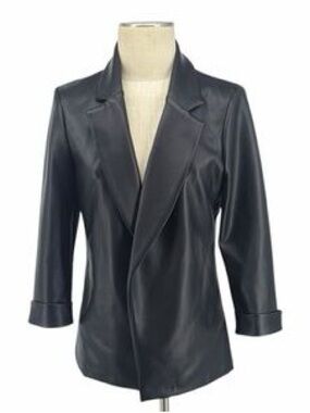 Women's Black Faux Leather Blazer Jacket with Tailored Lapels